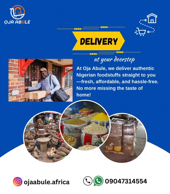 No more missing the flavors of home! 

Oja Abule brings authentic Nigerian foodstuffs straight to your doorstep—fresh, affordable, and hassle-free.

Order now and enjoy the best of Naija, wherever you are! 

#OjaAbule #NaijaFood #AuthenticNigerianFood #TasteOfHome