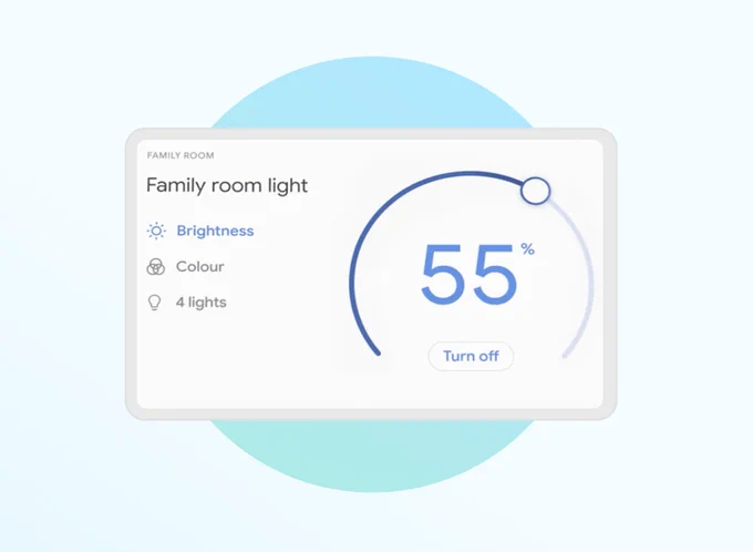 The image displays a graphical user interface for controlling a light labeled "Family room light". It is contained within a rounded rectangle that is positioned in the center of a light blue circular background and a light blue background. On the left, it lists "Brightness", "Colour", and "4 lights". On the right, a circular progress indicator is partially filled to represent a brightness of 55%, with "55%" displayed in the center. There is a small circle at the top of the progress indicator and a "Turn off" button below the number. 