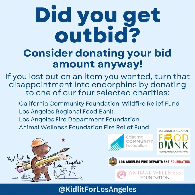 Graphic with all the same text as in this post and the next three, plus the cartoon bear logo for Kidlit for Los Angeles, and the logos of the four wildfire relief organizations. 