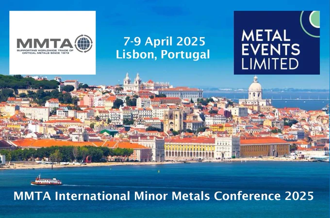 Event banner with a seafront view of Lisbon, MMTA and Meta Events logos and text '7-9 April 2025, lisbon, Portugal. MMTA International Minor Metals Conference 2025'