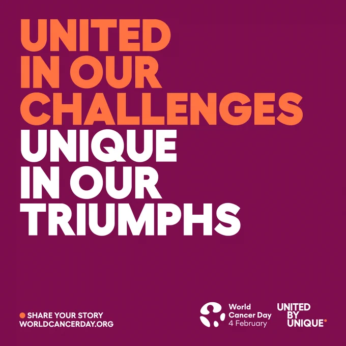 A burgundy-colored square with text in orange and white that states “United in Our Challenges Unique in Our Triumphs.”