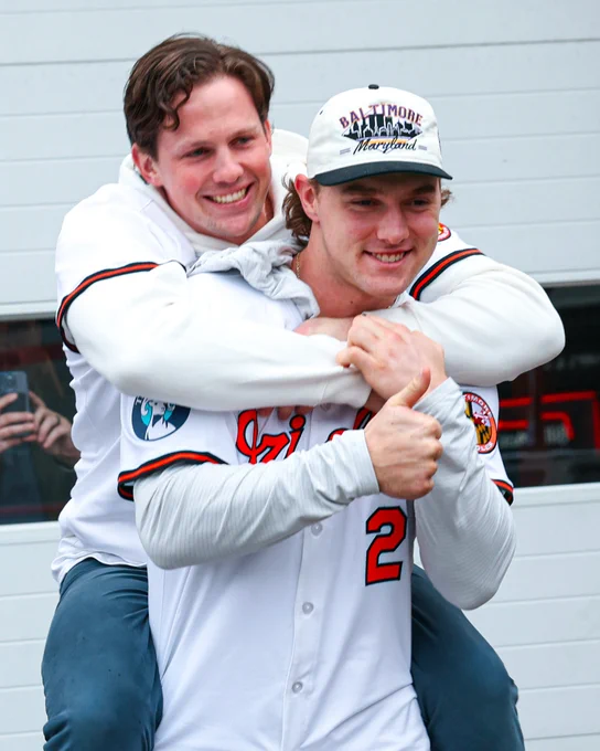 Adley Rutschman jumps on Gunnar Henderson's back. 