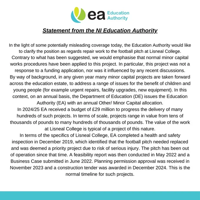 Statement from the NI Education Authority regarding works at Lisneal College