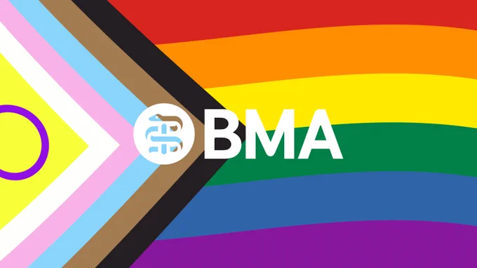 An image of the BMA logo with the progress pride flag.
