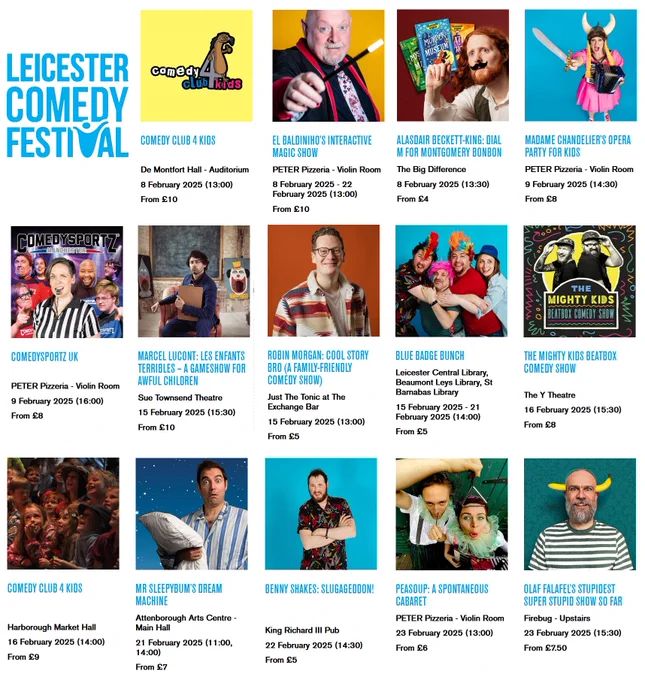grid of show images & titles & venue info, from us on Feb 8th to Olaf Falafel on Feb 23rd