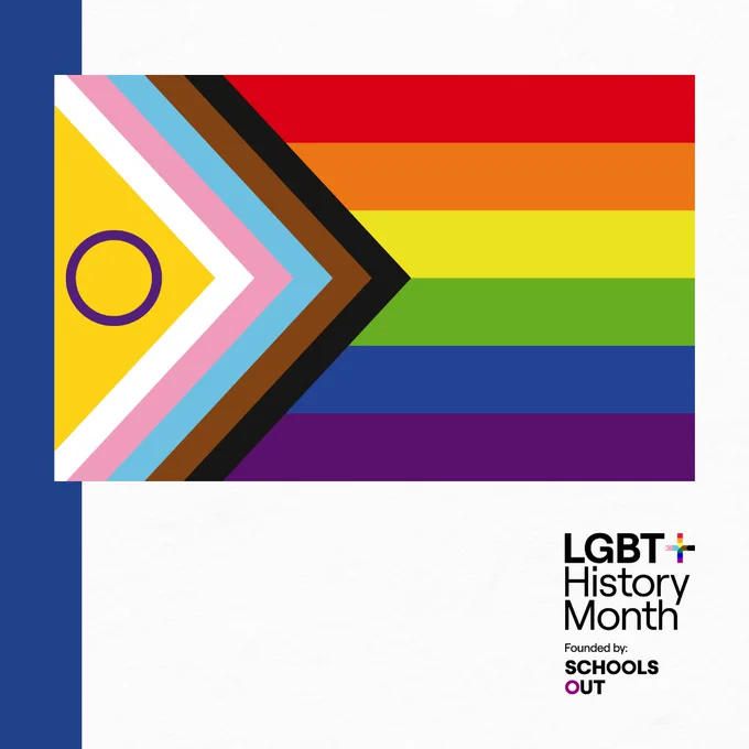Official logo for LGBT History Month featuring a bold geometric design with a multi-coloured diagonal stripe pattern and a prominent circle on a white background.