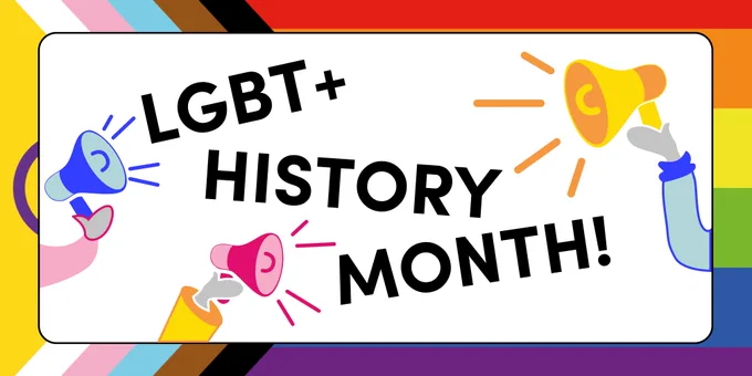 An illustration in Mosaic’s colours of 3 hands holding 3 megaphones, each with text being shouted out of them that together read ‘LGBT  History Month!’. The illustration is set on a background of the new progress pride flag. 