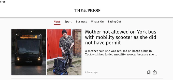 Photo of woman with her folded mobility scooter next to a First no 6 bus.