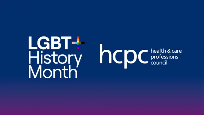 Graphic with a blue and purple background, with the HCPC logo on the right and the LGBT  History Month logo on the left. 