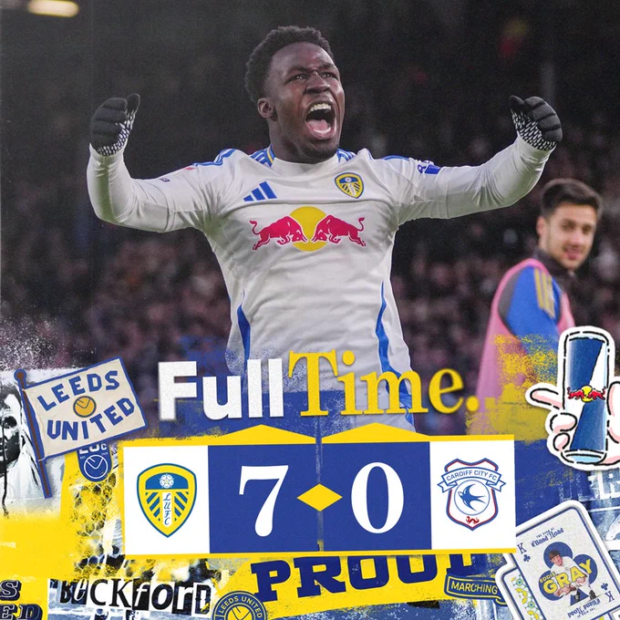 Full-time graphic showing: Leeds United 7-0 Cardiff City. Willy Gnonto celebrates his goal.