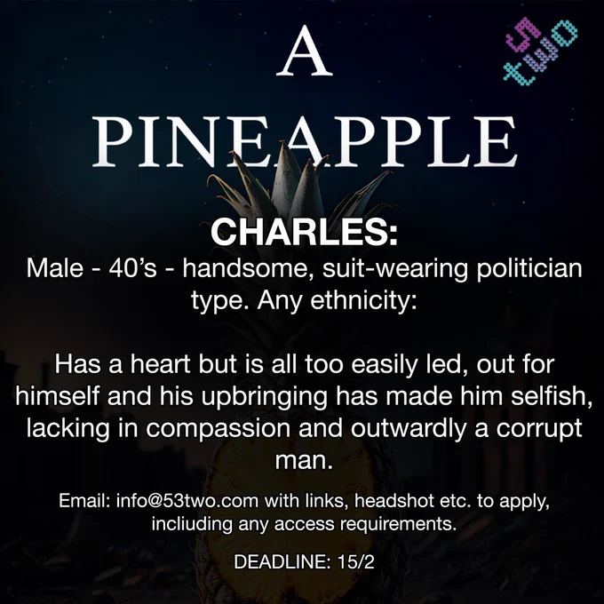 A
PINEAPPLE
CHARLES:
Male - 40's - handsome, suit-wearing politician type. Any ethnicity:
Has a heart but is all too easily led, out for himself and his upbringing has made him selfish, lacking in compassion and outwardly a corrupt man.
Email: info@53two.com with links, headshot etc. to apply, including any access requirements.
DEADLINE: 15/2