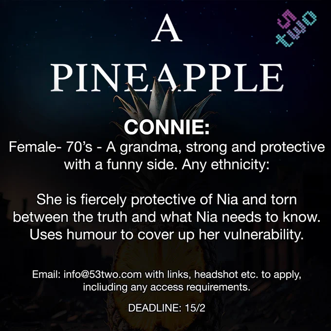 A
PINEAPPLE
CONNIE:
Female- 70's - A grandma, strong and protective with a funny side. Any ethnicity:
She is fiercely protective of Nia and torn between the truth and what Nia needs to know.
Uses humour to cover up her vulnerability.
Email: info@53two.com with links, headshot etc. to apply, including any access requirements.
DEADLINE: 15/2