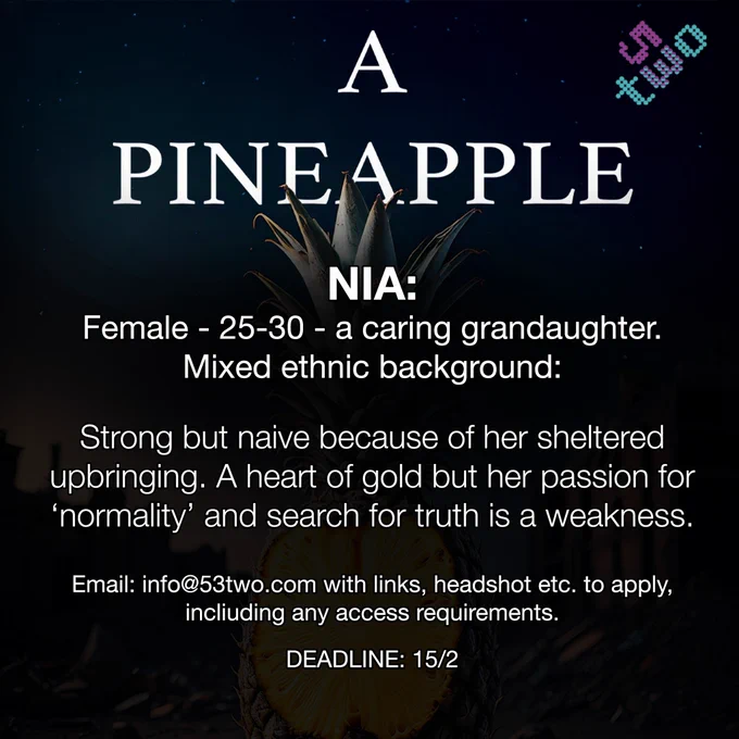 A
PINEAPPLE
NIA:
Female - 25-30 - a caring grandaughter.
Mixed ethnic background:
Strong but naive because of her sheltered upbringing. A heart of gold but her passion for
'normality' and search for truth is a weakness.
Email: info@53two.com with links, headshot etc. to apply, including any access requirements.
DEADLINE: 15/2