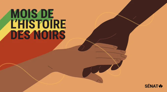 Illustration de deux mains entrelacées, symbolisant l’unité. À gauche, le texte indique « Mois de l’histoire des Noirs ».