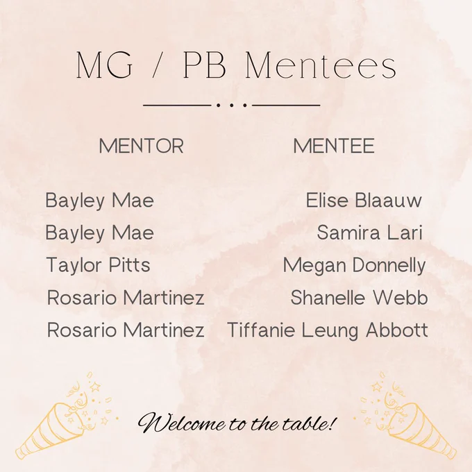 Middle grade and picture book mentees:

Bayley Mae is mentoring Elise Blaauw and Samira Lari.
Taylor Pitts is mentoring Megan Donnelly.
Rosario Martinez is mentoring Shanelle Webb and Tiffanie Leung Abbott.
