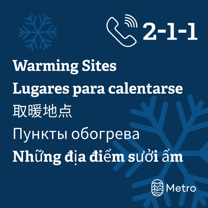 Warming sites, in multiple languages, featuring phone icon calling 2-1-1 and Metro logo.