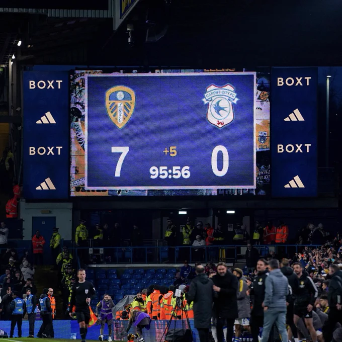 Picture of the big screen showing the 7-0 scoreline against Cardiff