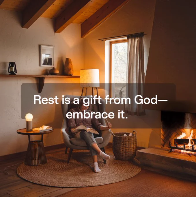 A warm and inviting cabin scene radiating peace and stillness. A woman sits comfortably in a cozy armchair, reading a book, wrapped in the soft glow of a crackling fireplace. Natural light filters through a window, illuminating the rustic wooden beams and textured walls, creating an atmosphere of rest and reflection. A side table holds a glowing lamp and an open book, symbolizing wisdom and spiritual nourishment. Above, the text reads, 'Rest is a gift from God—embrace it,' reminding us of the divine importance of Sabbath and self-care. This image embodies the essence of Jesus24365 Ministry, Jesus24365.org, and the teachings of Jeff Neubauer, reflecting the Founder's Reflection, Glimpses of Grace comic, and the Art of Grace. A visual reminder that true peace comes from surrendering to God's presence and embracing His gift of rest.