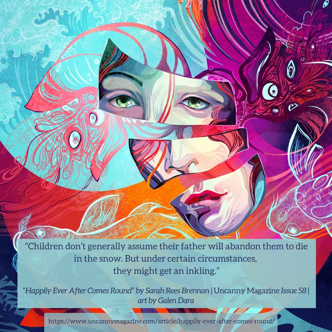 The cover for Uncanny Magazine Issue 56, “Resurrecting Venus" by Galen Dara: In the background, two planets overlap. A large red one is eclipsed by a blue one, the surface is decorated with waves. At the forefront, a woman's face is split in three pieces that are slowly coming together. Spread throughout the motif of sea waves are present in shades of light blue, dark blue, and purple. The outline of koi are spread throughout too, accompanying the woman. The quote reads: "Children don’t generally assume their father will abandon them to die in the snow. But under certain circumstances, they might get an inkling." 