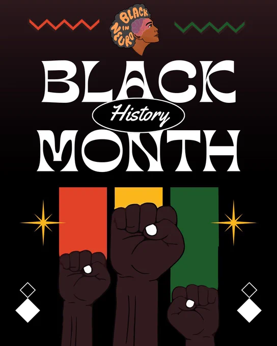 A black history flyer with a black background and brown fists in the air. Behind the black fists are red, yellow, and green stripes with the Black In Neuro logo at the top center.