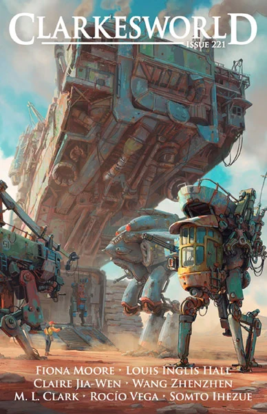 Clarkesworld #221 cover, featuring some four large, weird blue bots and a human technician standing under a weird blue tread transport
