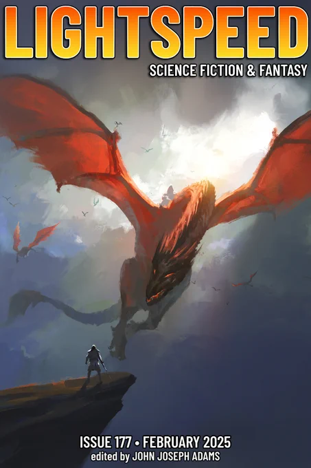 Lightspeed #177 cover, featuring a swordsman on a promontory facing a red dragon

