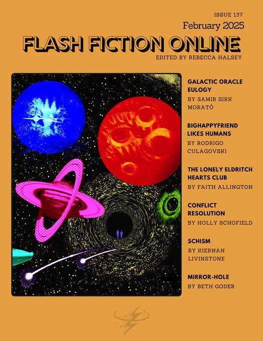 Flash Fiction Online #137 cover, featuring some brightly colored planets, and a black hole with two purple human silhouettes standing inside it
