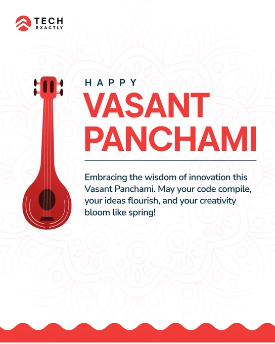 Tech Exactly's Vasant Panchami greeting card featuring a veena illustration on a white mandala background. Text reads: 'Happy Vasant Panchami. Embracing the wisdom of innovation this Vasant Panchami. May your code compile, your ideas flourish, and your creativity bloom like spring!' The bottom has a red wave design.