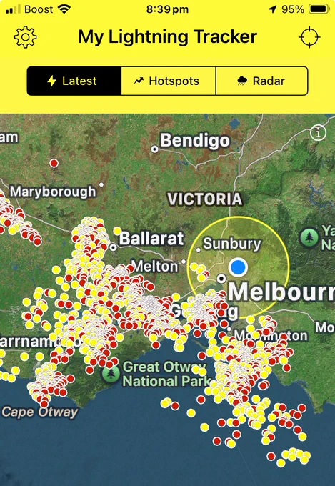 Lightning Tracker map with hundreds of recent records