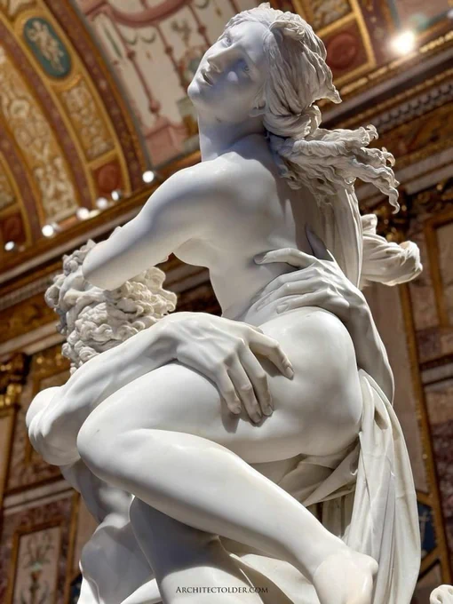Gian Lorenzo Bernini created The Abduction of Proserpina (also known as The Rape of Proserpina) between 1621 and 1622 when he was just 23 years old. The sculpture was commissioned by Cardinal Scipione Borghese, one of Bernini's most influential patrons and a prominent figure in the Roman art world. Borghese was known for his appreciation of dynamic and emotionally charged artworks.

The myth of Proserpina (Persephone in Greek mythology) being abducted by Pluto (Hades) offered Bernini the chance to showcase his mastery in capturing intense drama and physical tension. The story itself is rich in emotional complexity, blending themes of power, resistance, and transformation. Bernini was drawn to such narratives because they allowed him to push the boundaries of sculpture, making marble appear almost soft and alive. The way Pluto's fingers press into Proserpina's flesh and the flowing movement of their bodies reflect Bernini's fascination with naturalism and theatricality.