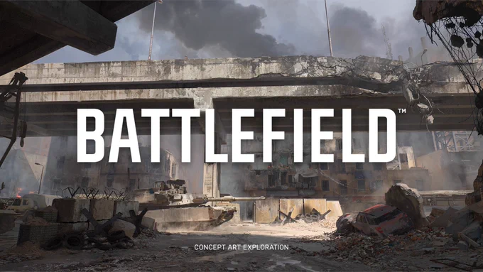 Concept Art featuring a war-torn urban setting with the Battlefield logo overlayed on top.