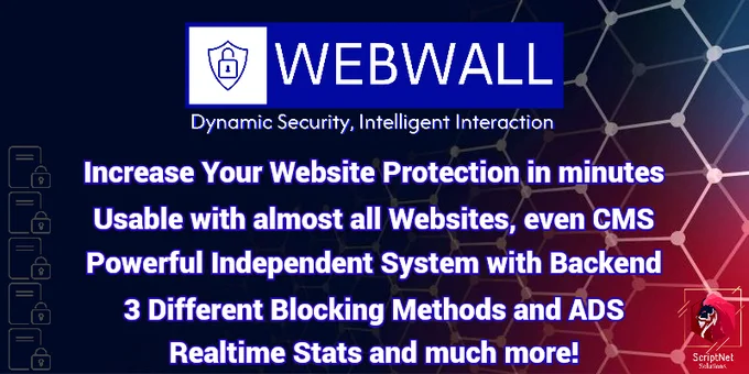 Introducing the Powerful "WebWall" Script v.1!

https://shop.scriptnet.net/product/webwall/

#WEBWALL - Dynamic Website #Security and Intelligent Interaction

Analyzes your traffic in Real Time and #blocks #malicious #IP's like #Bots, Automatic #Scrapers, #Spammers and automated intrusion attempts.

WebWall Script has been developed strictly following the GDPR guidelines, ensuring maximum protection of your users' data. Thanks to features such as IP anonymization, the ability to define data retention times and a pre-filled and editable policy, WebWall helps you comply with the European data protection regulation without compromise.

An Independent and Universal System

One of the distinctive features of WebWall Script is its total independence. It does not require integration with external resources and can be used on any type of website, including CMS such as WordPress, Joomla, Drupal and many others.