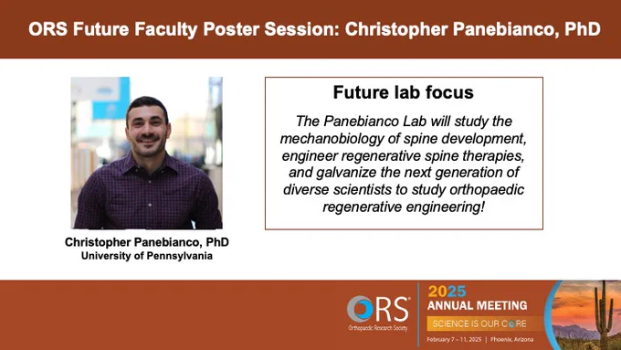 The Panebianco Lab will study the mechanobiology of spine development, engineer regenerative spine therapies, and galvanize the next generation of diverse scientists to study orthopaedic regenerative engineering! 
