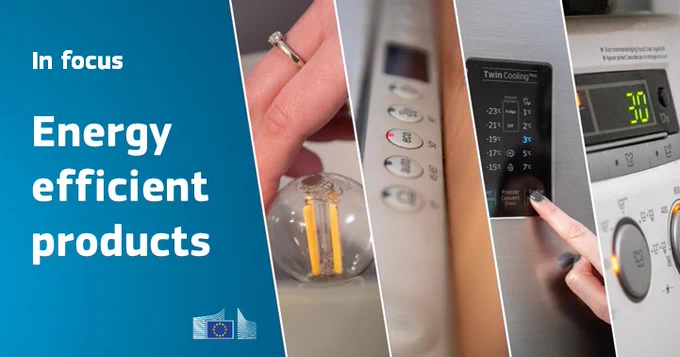 Text on the left (in white on blue background) In focus: Energy efficient products. The rest of the visual shows 4 rectangular photos of a bulb, washingmachine buttons, fridge programming and dishwasher. 