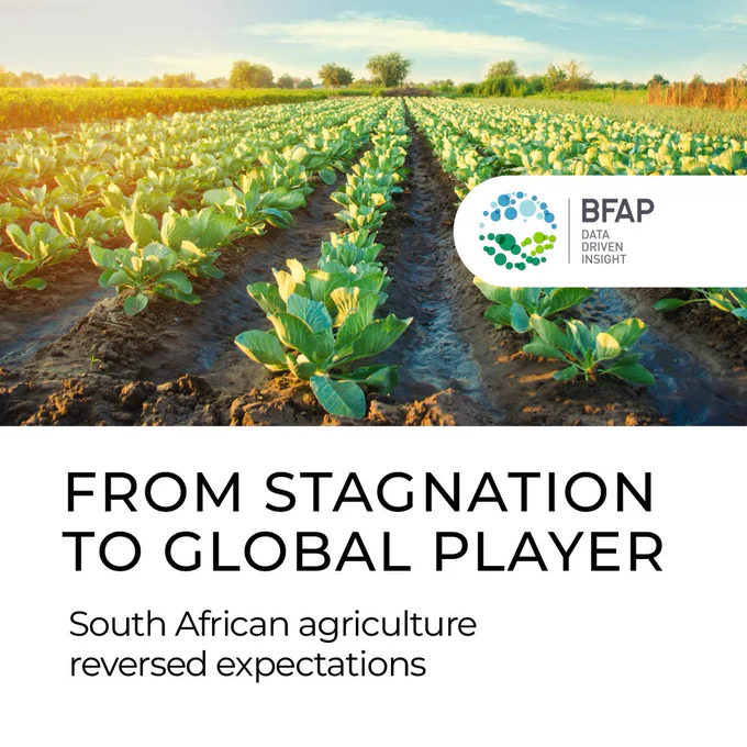 South African agriculture reversed expectations: while the economy stagnated, the sector grew resilient. Exports surged, horticulture boomed, and farmers adapted to global markets. Yet, the dualism between commercial and emerging farmers remains unresolved.

https://www.bfap.co.za/agriculture-in-south-africa-in-the-democratic-era-1994-2024/