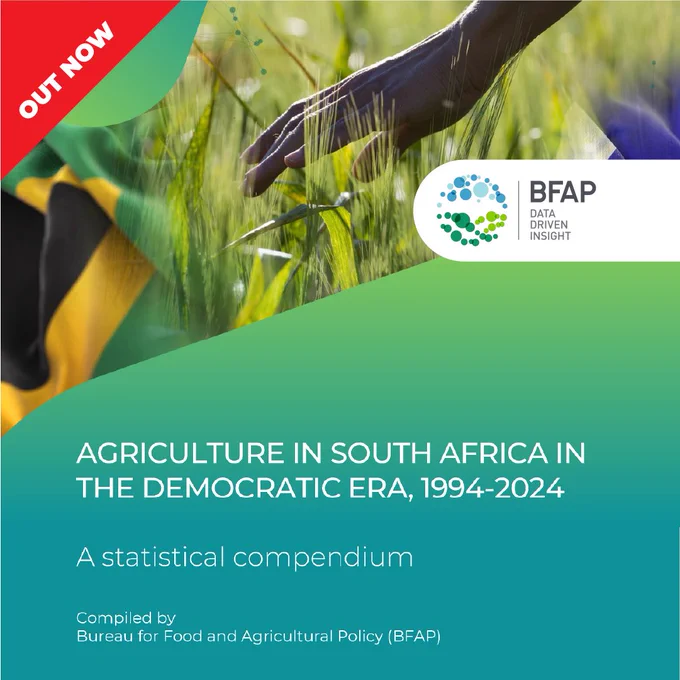 BFAP’s 30-Year Agricultural Review is NOW AVAILABLE!
  
We’re thrilled to share our comprehensive statistical compendium: Agriculture in South Africa in the Democratic Era (1994–2024). Dive into three decades of transformative trends, challenges, and triumphs shaping SA’s agricultural landscape.  

📊 Key insights: Export growth, policy impacts, and sector resilience.  

📥 Download now and join the data-driven conversation: 
https://www.bfap.co.za/agriculture-in-south-africa-in-the-democratic-era-1994-2024/