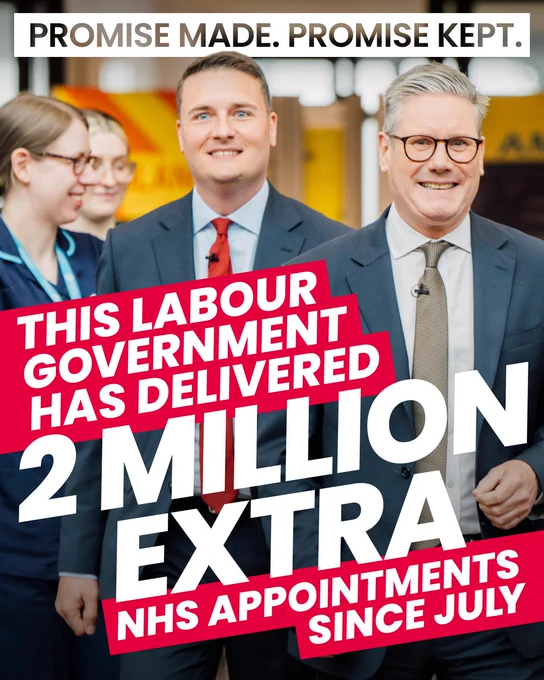Image of Keir Starmer and Wes Streeting.

Text:

Promise made. Promise kept.

The Labour government has delivered 2 million extra NHS appointments since July.
