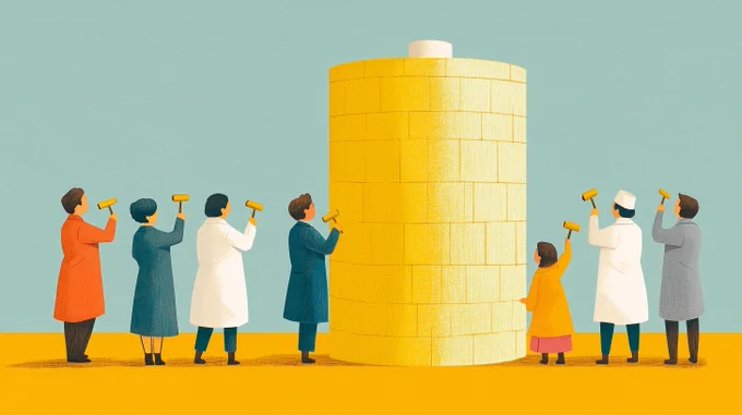 Multiple people holding hammers to build together. 