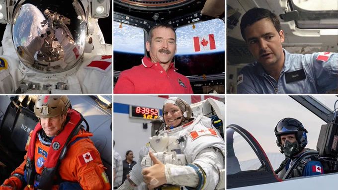 A mosaic of six photos, each featuring an astronaut in action and showing the Canadian flag. 
