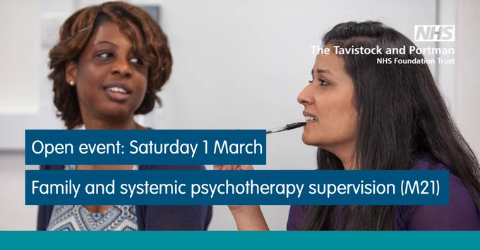 Image shows two people. Copy on image says Open Event: Saturday 1 March. Family and systemic psychotherapy supervision (M21).