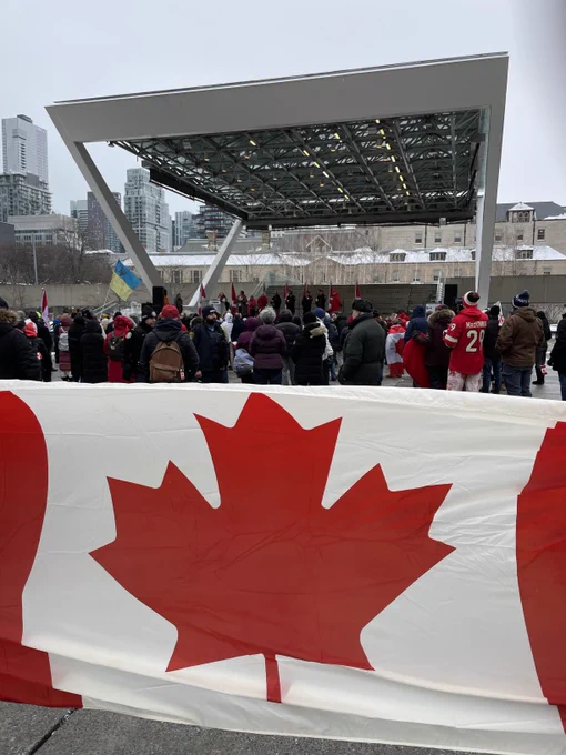 The crowd gathered for the National Flag Day ceremony at Nathan Phillips Square.
