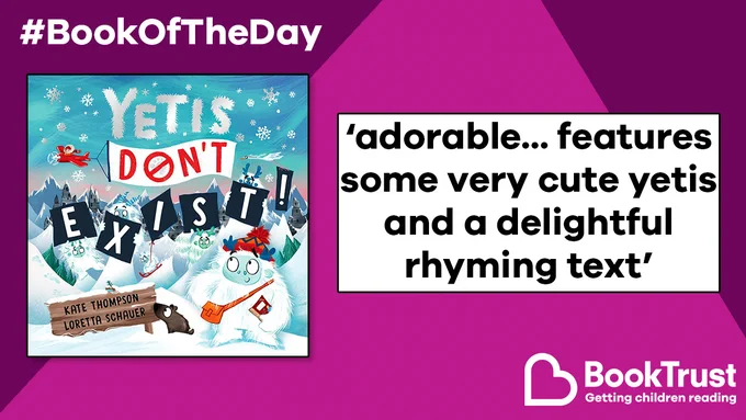 The front cover of Yetis Don't Exist and a quote from our review: 'Adorable... features some very cute yetis and a delightful rhyming text'