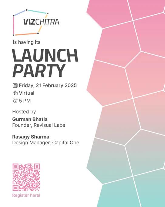 A digital event poster for the VizChitra Launch Party. The poster has a white background with a geometric hexagonal pattern in pink, peach, and teal on the right side. The VizChitra logo is at the top, followed by the text "is having its LAUNCH PARTY" in bold. Event details are listed below:

📅 Friday, 21 February 2025
📍 Virtual
⏰ 5 PM

The event is hosted by Gurman Bhatia, Founder of Revisual Labs, and Rasagy Sharma, Design Manager at Capital One. A pink QR code at the bottom with "Register here!" directs viewers to sign up for the event.
