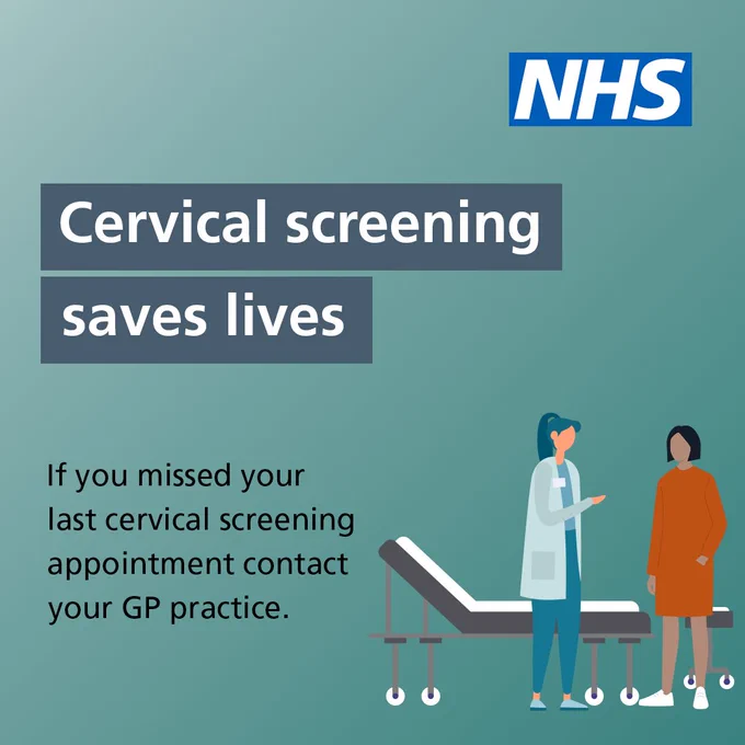 An illustration of a woman talking to a health care professional. Text reads ‘Cervical screening saves lives. If you missed your cervical screening appointment contact your GP practice. 