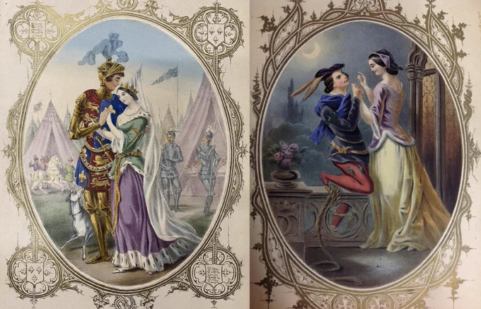 Colorful illustrations of two couples from Shakespeare's plays (Anthony & Cleopatra and Romeo & Juliet) depicted within oval ornamental frames.