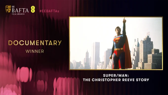 Designed graphic with gold text that reads 'Documentary Winner' with a picture of Christopher Reeve as Superman