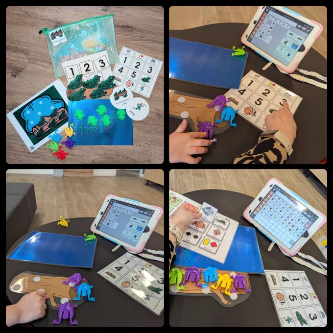 Collage of four photos with printed images and objects related to the nursery rhyme, 5 Little Frogs. There are two kinds of toy frogs, one set of five green bath toys and one set of five different coloured plastic frogs which jump when you press them. A child's hand can be seen playing with the plastic frogs in two photos. In three of the photos, there is also an iPad showing the communication app TD Snap on screen.