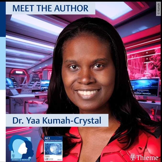 Head portrait of Dr. Yaa Kumah-Crystal with small inset images of Applied Clinical Informatics Journal cover and Thieme Verlag Germany Women in Medicine campaign logo.