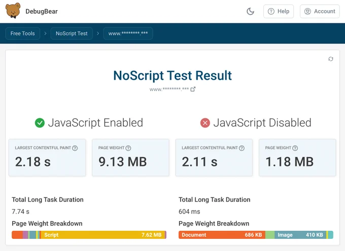 Compare how your website looks with and without JavaScript screenshot