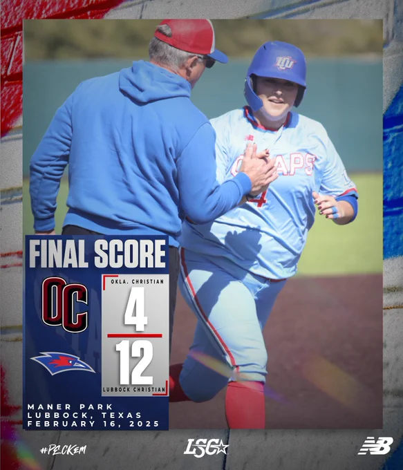 Lubbock Christian University softball player Kendra Levesque, wearing a light blue uniform with red accents and a blue helmet featuring the LCU logo, is high-fiving head coach Daren Hays, who is dressed in a blue hoodie and a red cap. The background shows a blurred softball field. Overlayed on the image is a graphic displaying the final score of the game: Oklahoma Christian 4, Lubbock Christian 12. The graphic includes team logos, game location (Maner Park, Lubbock, Texas), and the date (February 16, 2025), along with the hashtags "#PECKEM" and the Lone Star Conference (LSC) logo